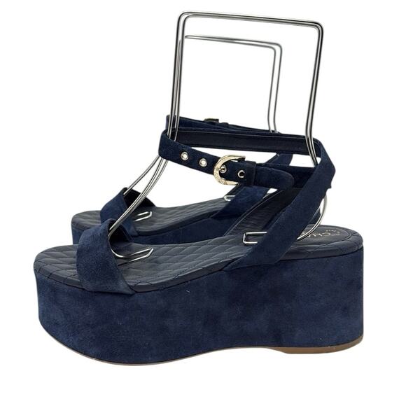 Chanel Suede Calfskin Platform Wedge Sandals Blue Size 39 - Picture 8 of 15